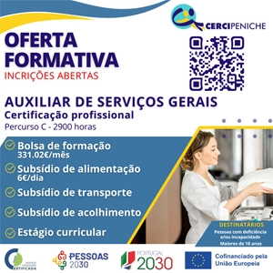 Flyer de divulgação da Cercipeniche, referente a abertura do curso de auxiliar de serviços gerais. Logos, Qrcode, foto camareira em trabalho.